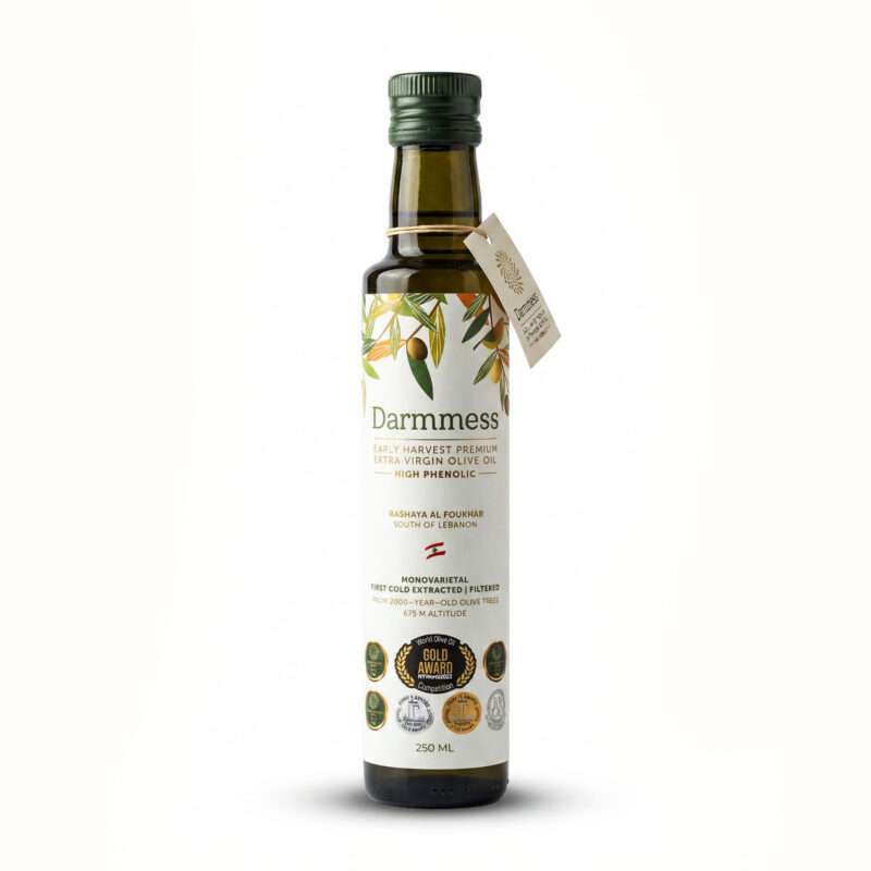 زيت زيتون دارمس عالي الفينولات – حصاد مبكر – بكر ممتاز – راشية الفخار